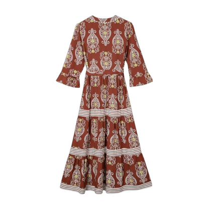 Back view of a tiered floral maxi dress in rust-brown, showing the mid-length sleeves and white horizontal border print.
