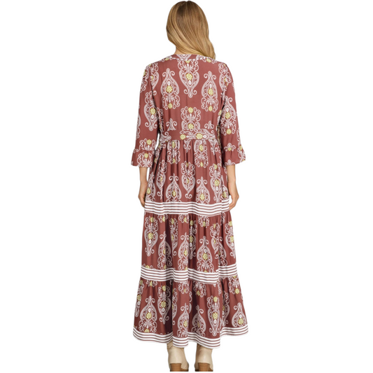 Elegant Pinstripe Maxi Dress with Lace and Ruffle Trim, featuring a tiered skirt and $3/4$ sleeves, shown on a model with a white background.