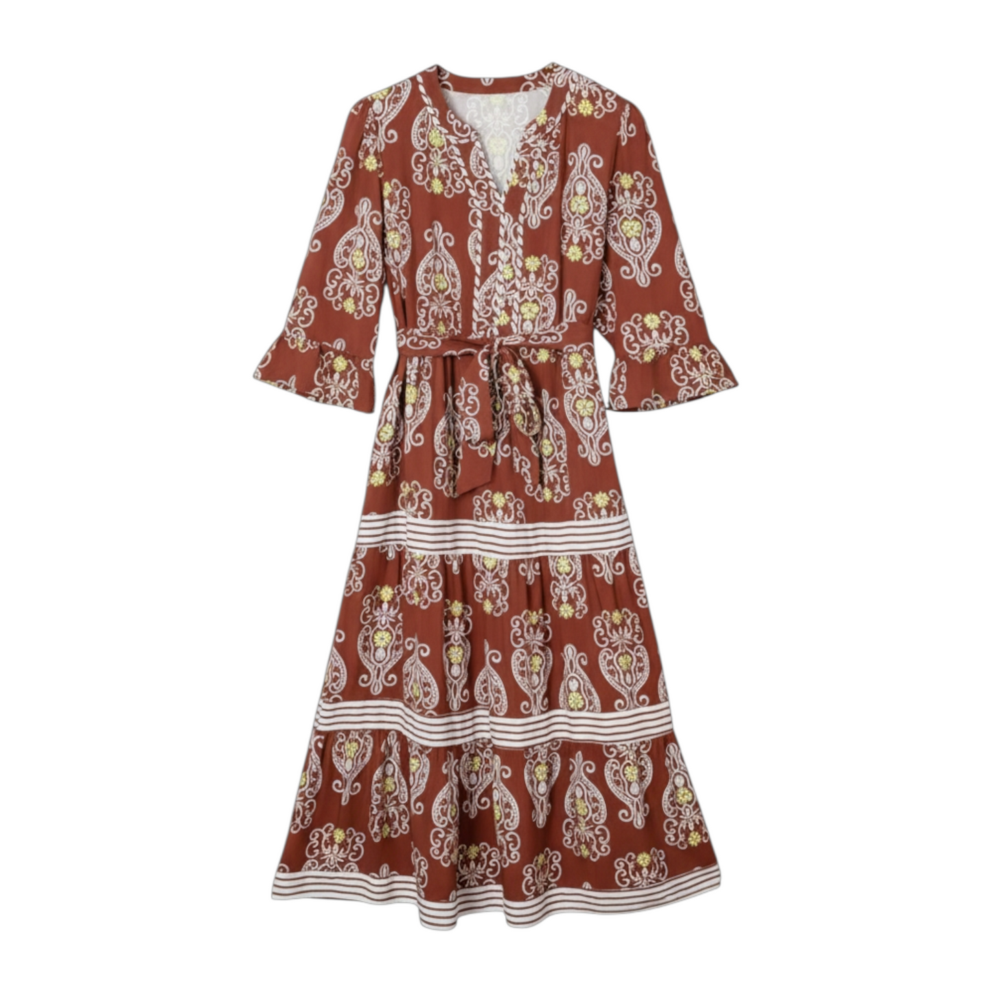 Front view of a tiered floral maxi dress in rust-brown, showing the mid-length sleeves and white horizontal border print.