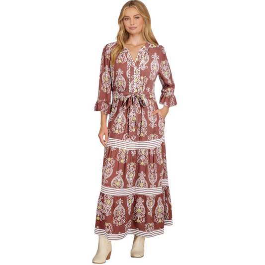 Elegant Pinstripe Maxi Dress with Lace and Ruffle Trim, featuring a tiered skirt and $3/4$ sleeves, shown on a model with a white background.