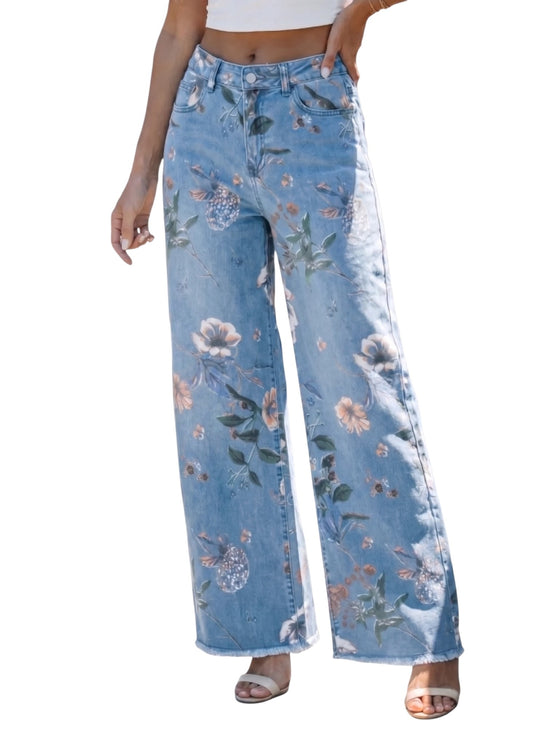 Floral-patterned jeans worn by a person on a white background