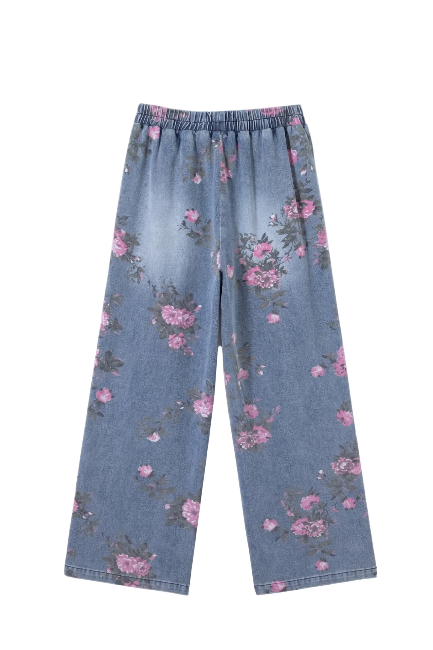 Denim pants with floral pattern on a white background
