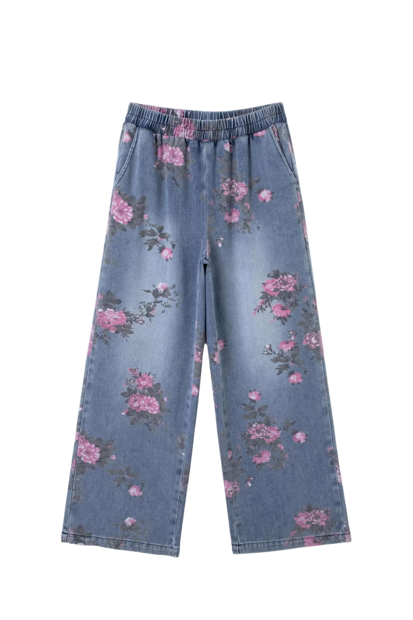 Floral-patterned jeans on a white background