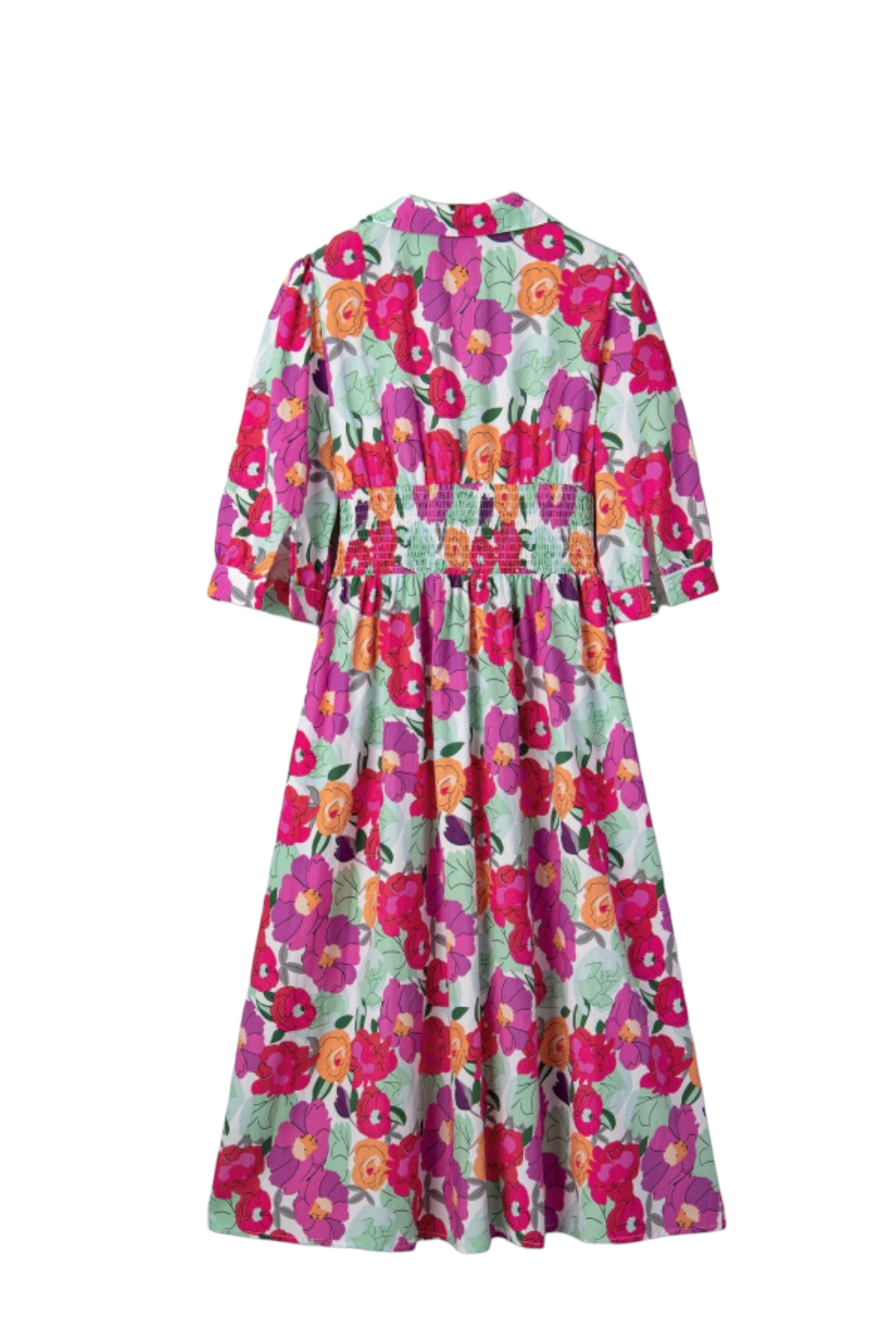 Floral print zip front shirred waist midi dress, back flat lay showing shirred waistband and flared skirt, multicolour floral print