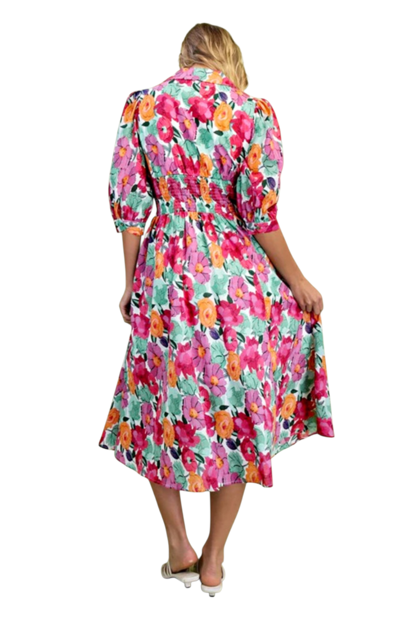 Floral print zip front shirred waist midi dress, back view on model showing puff sleeves and shirred waist, multicolour floral midi dress with white sandals