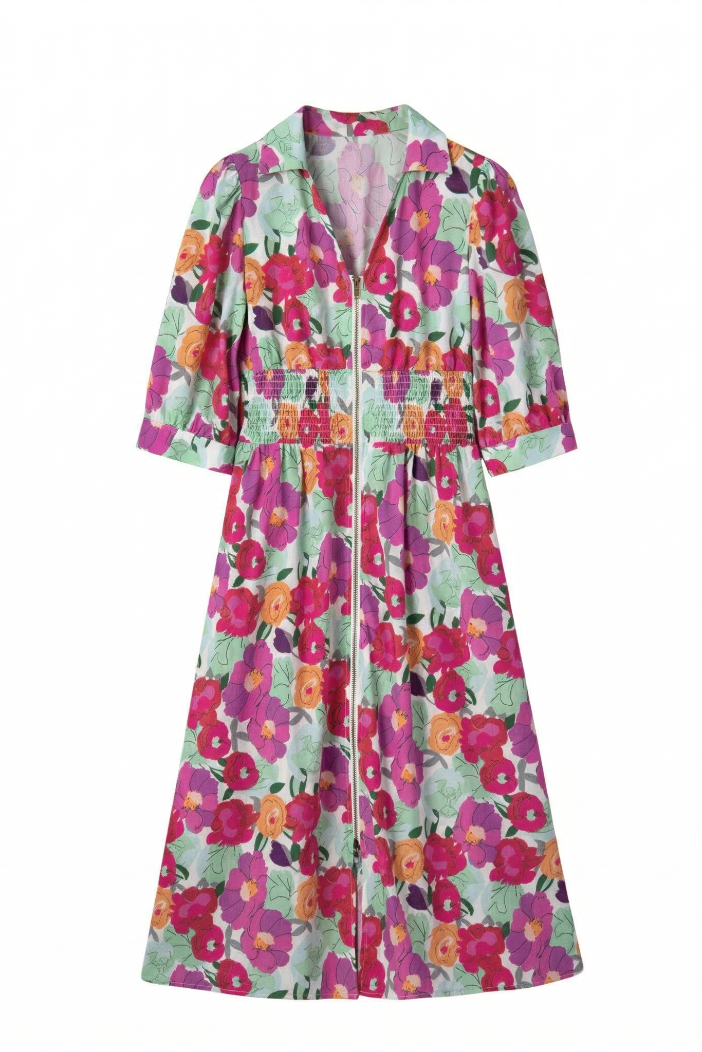 Floral print zip front shirred waist midi dress, front flat lay showing zip front, collared V-neckline and shirred waistband, multicolour floral print