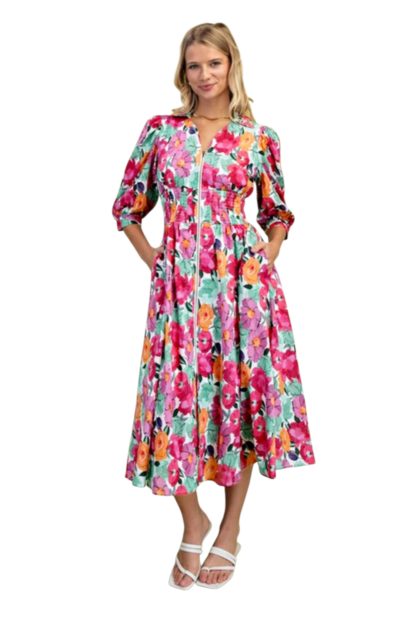 Floral print zip front shirred waist midi dress, front full length view on model with hands in pockets, styled with white strappy sandals