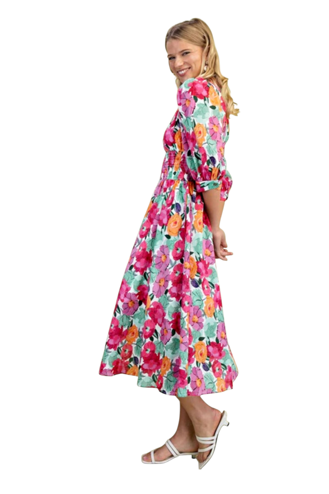 Floral print zip front shirred waist midi dress, side full length view showing flared midi skirt and puff sleeves, model smiling in white strappy sandals