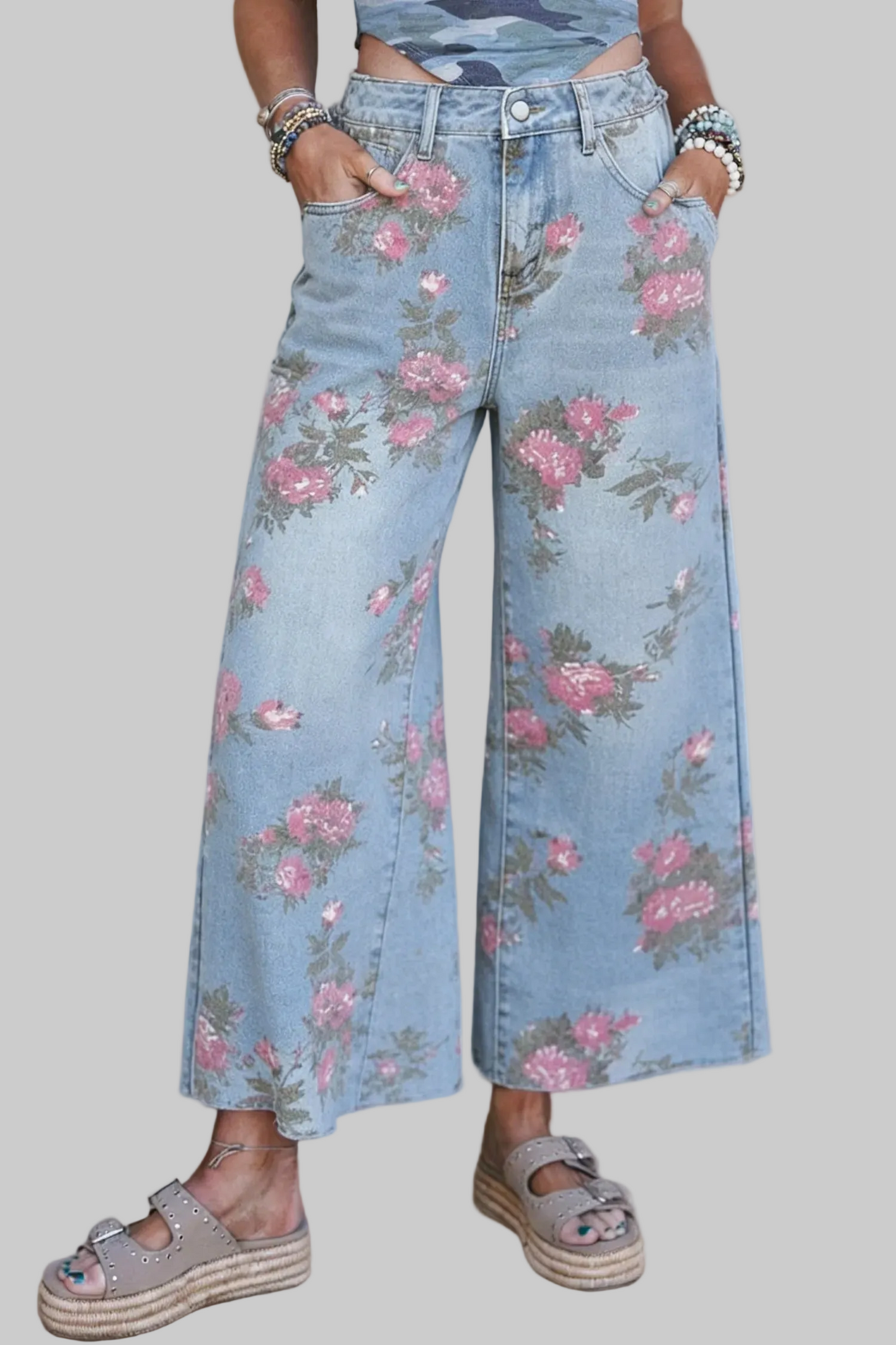 Floral Raw Hem Wide-Leg Jeans