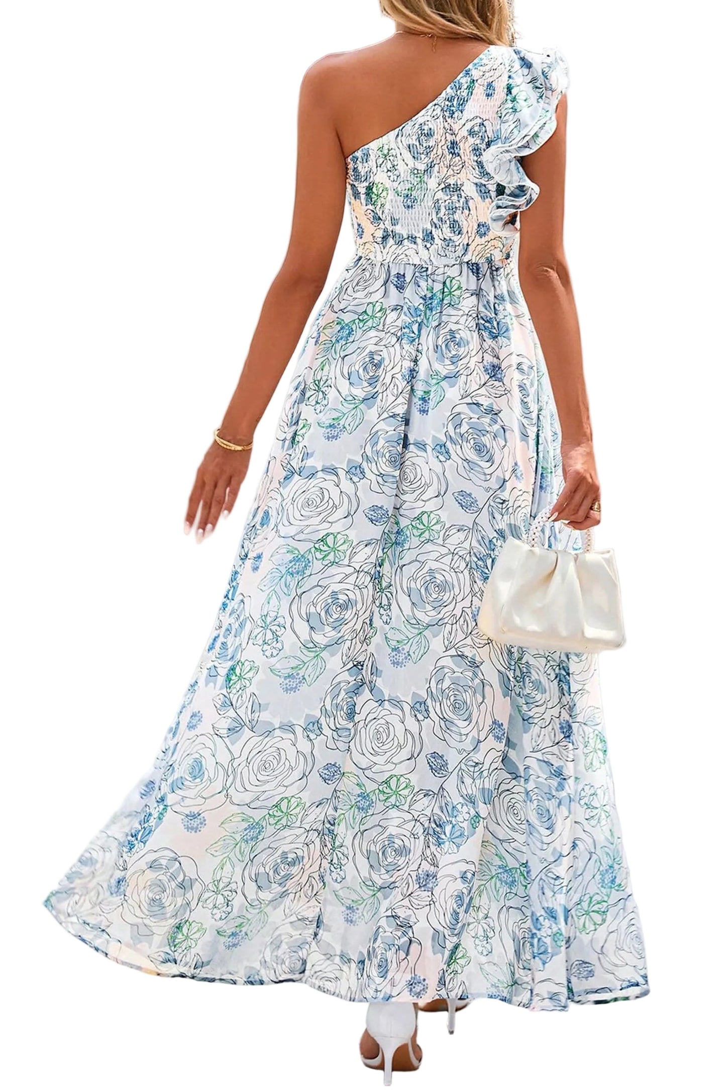 Woman wearing a floral one-shoulder dress with a white background