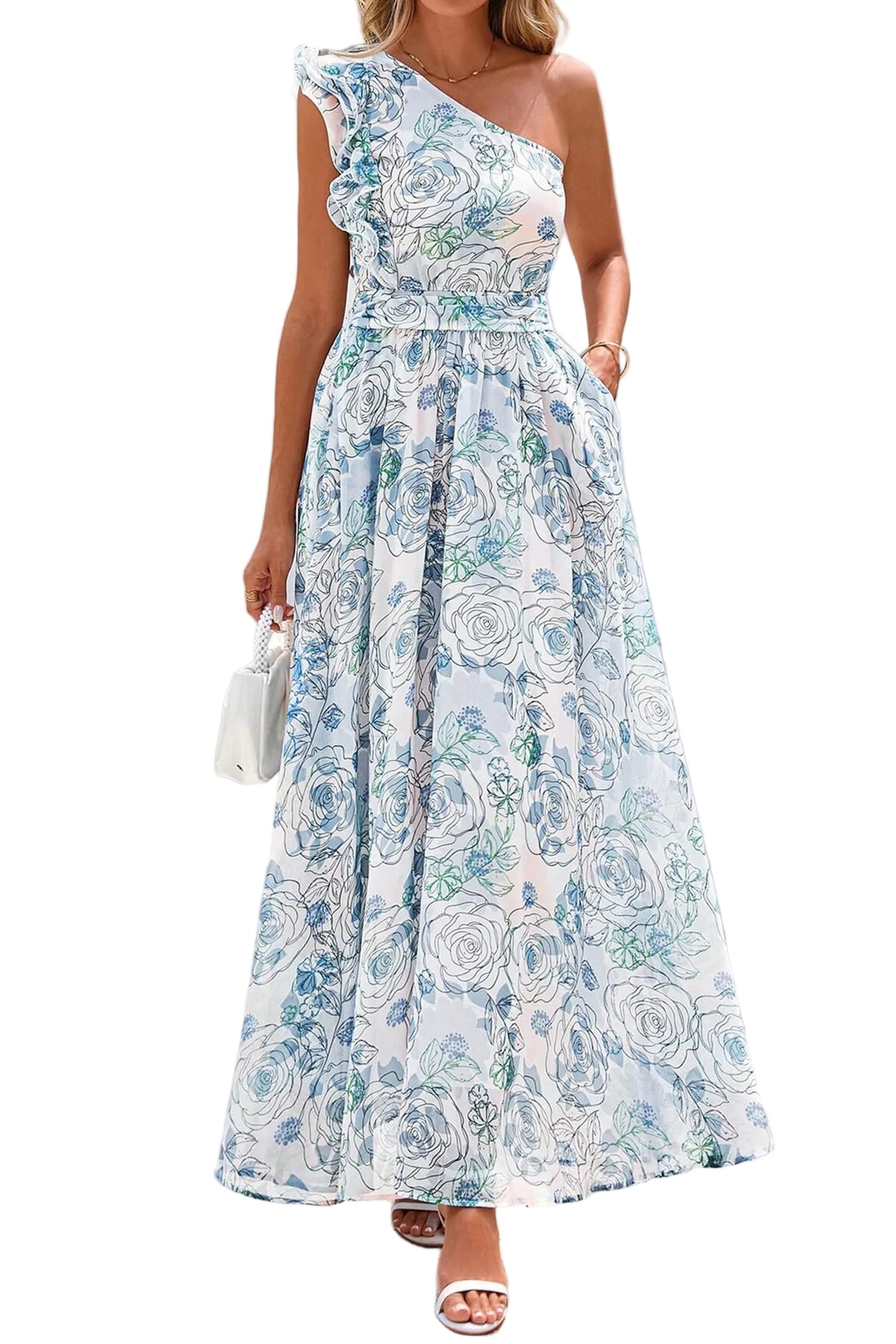 Woman wearing a floral one-shoulder dress with a white background