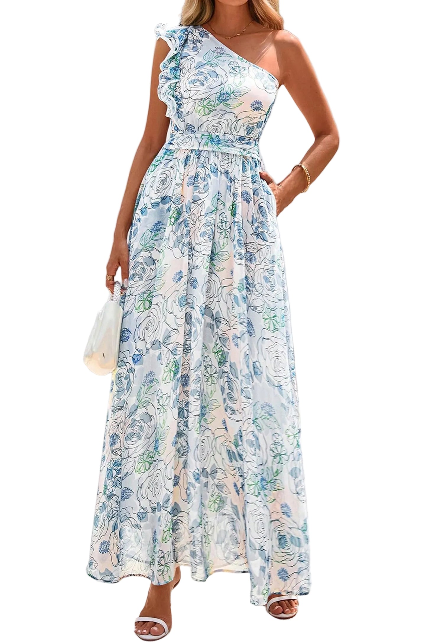 Woman wearing a floral one-shoulder dress with a white background