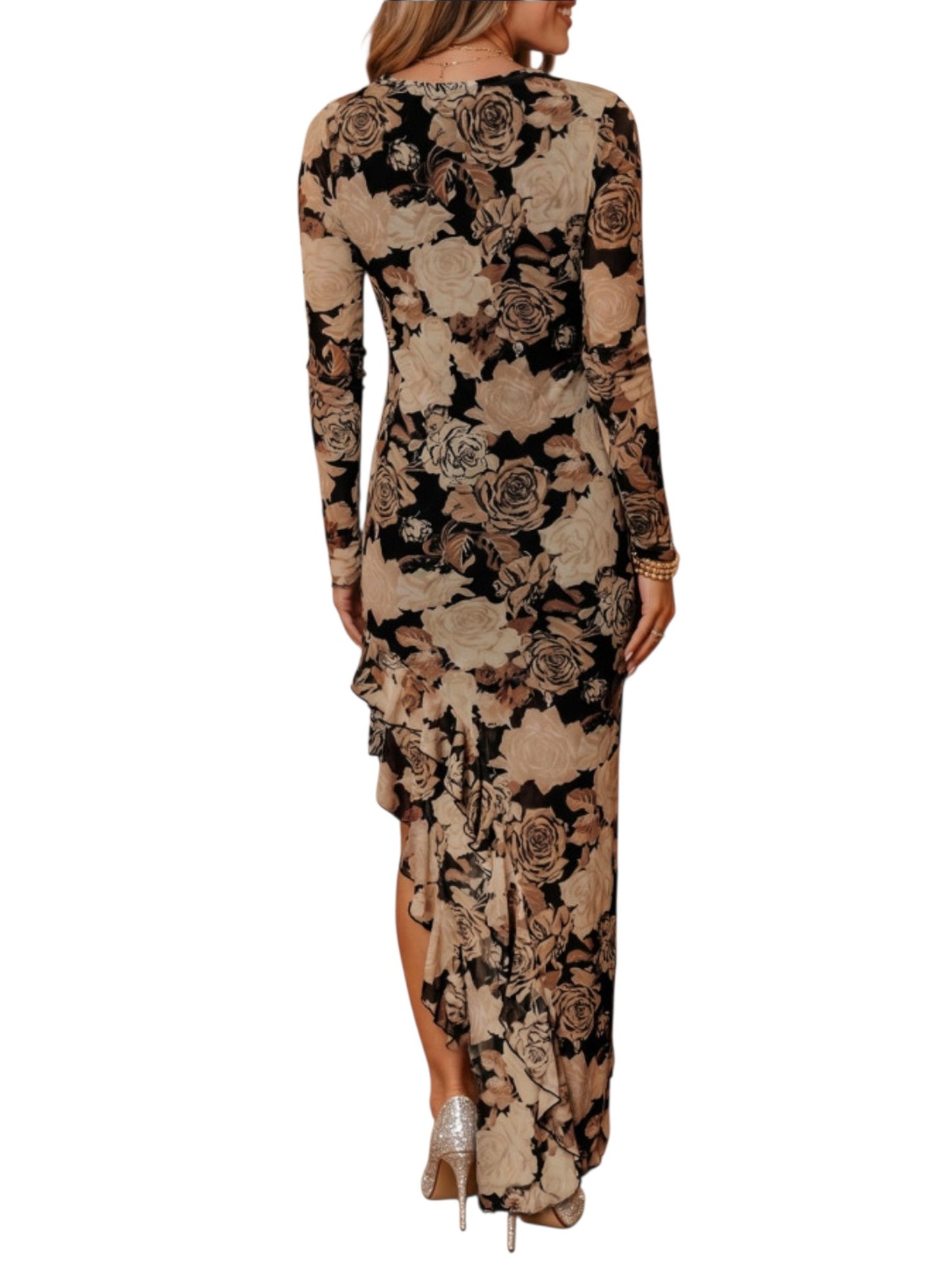 Rear view showcasing the continuous rose print pattern and the cascading waterfall ruffle hemline of the sheath maxi dress.