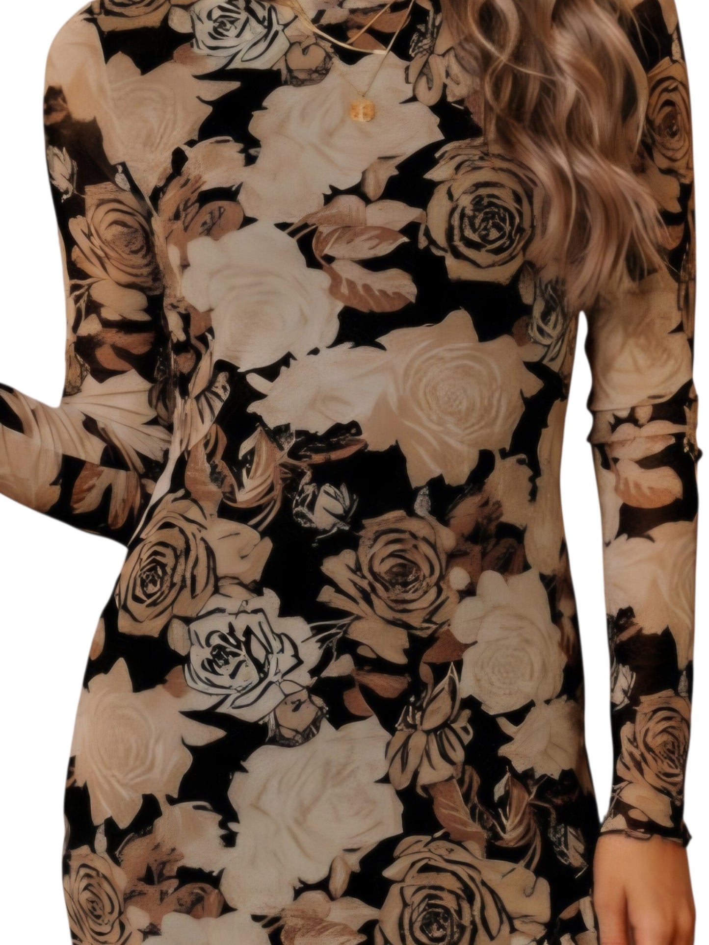 Floral patterned dress with long sleeves on a white background