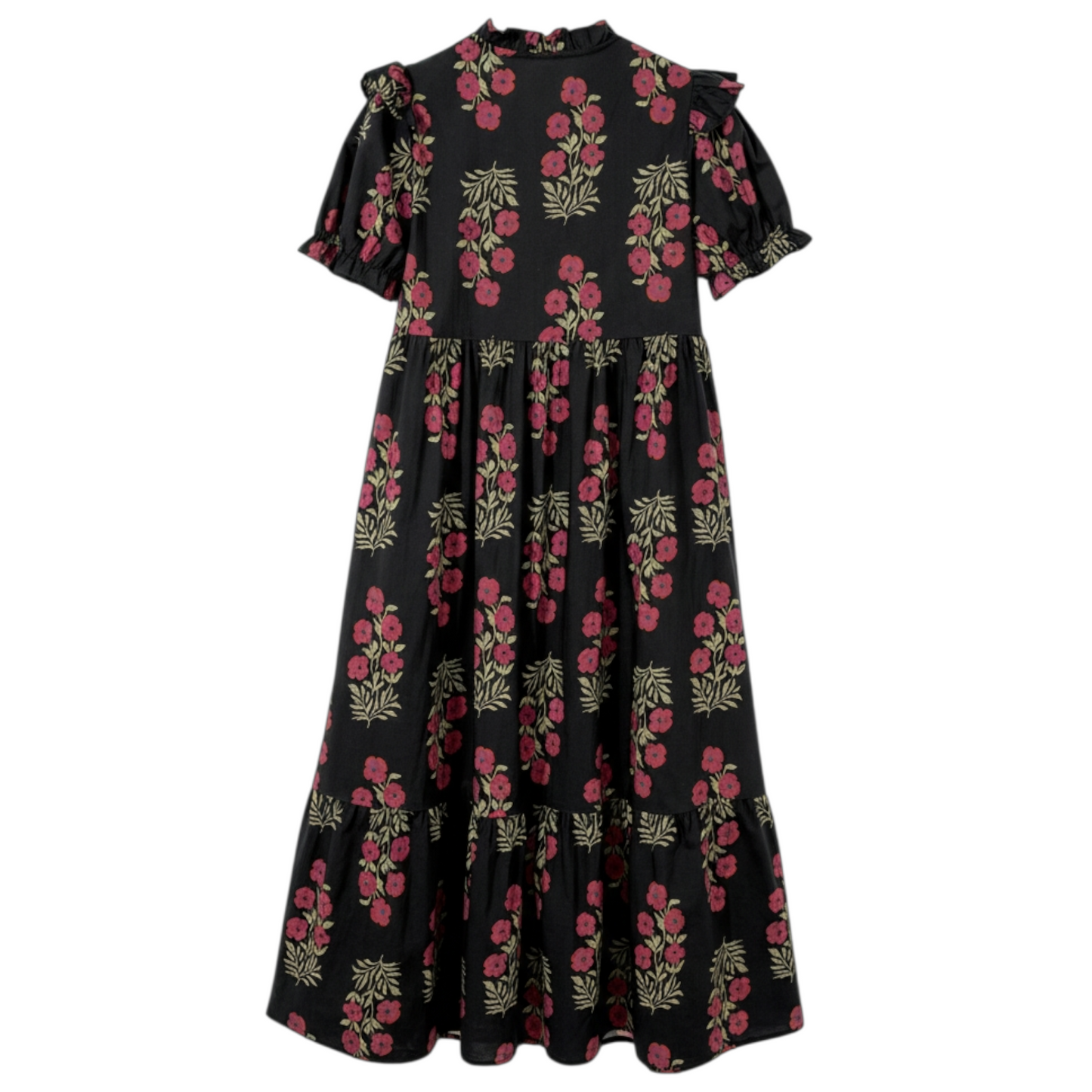 Back view of a black and pink floral cotton midi dress with puff sleeves and a tiered ruffle hem.