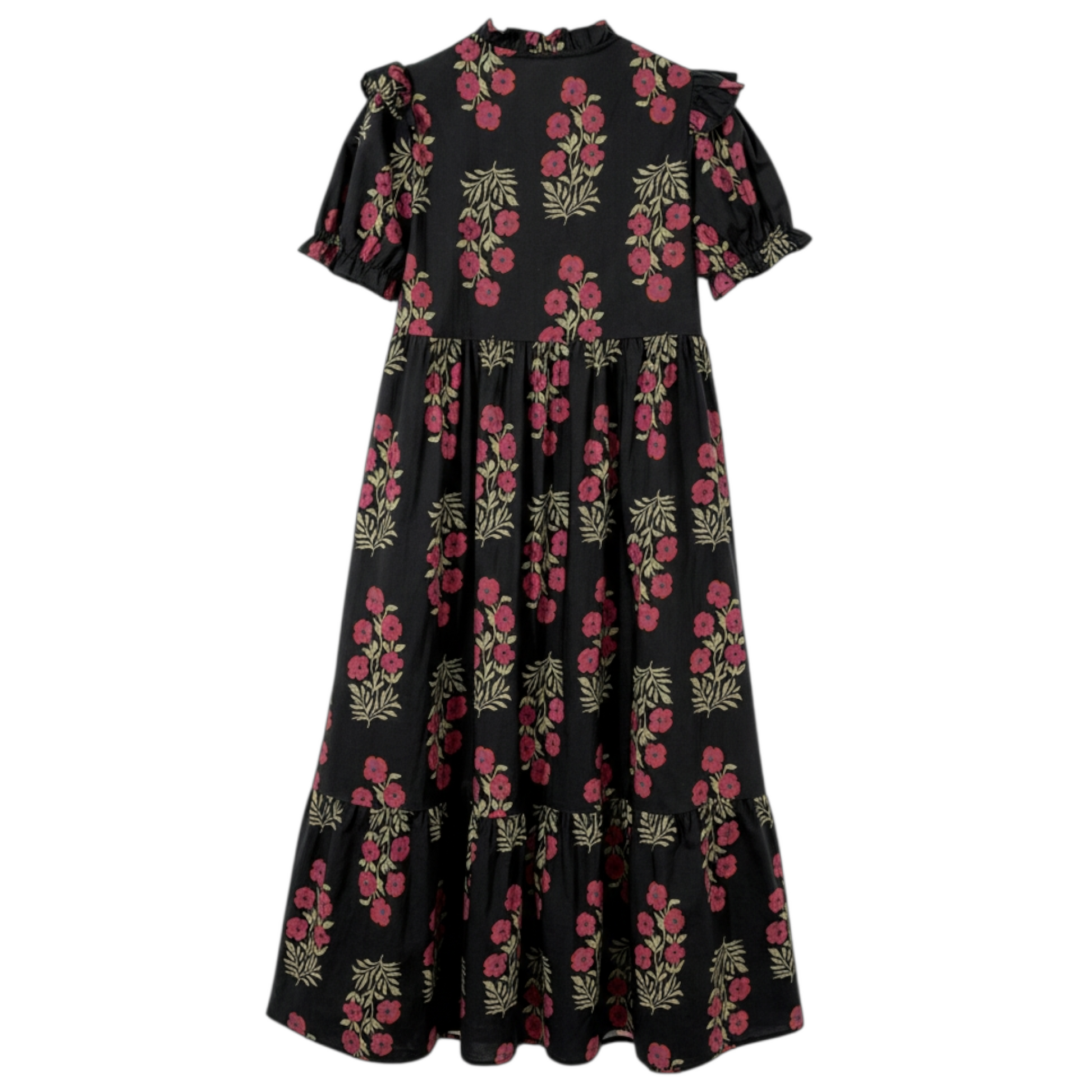 Back view of a black and pink floral cotton midi dress with puff sleeves and a tiered ruffle hem.