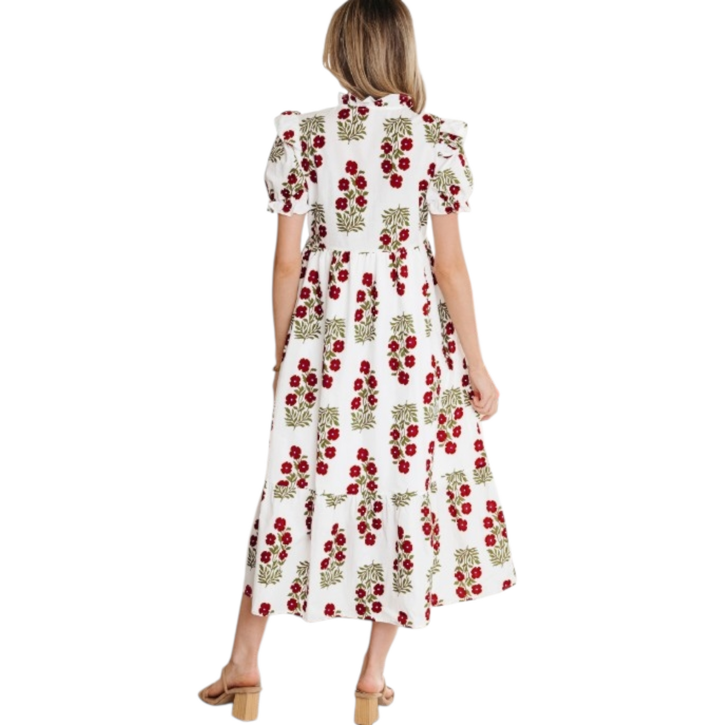 Rear view of a tiered floral midi dress showing the ruffle collar and voluminous short sleeves.