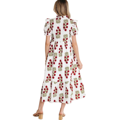 Rear view of a tiered floral midi dress showing the ruffle collar and voluminous short sleeves.