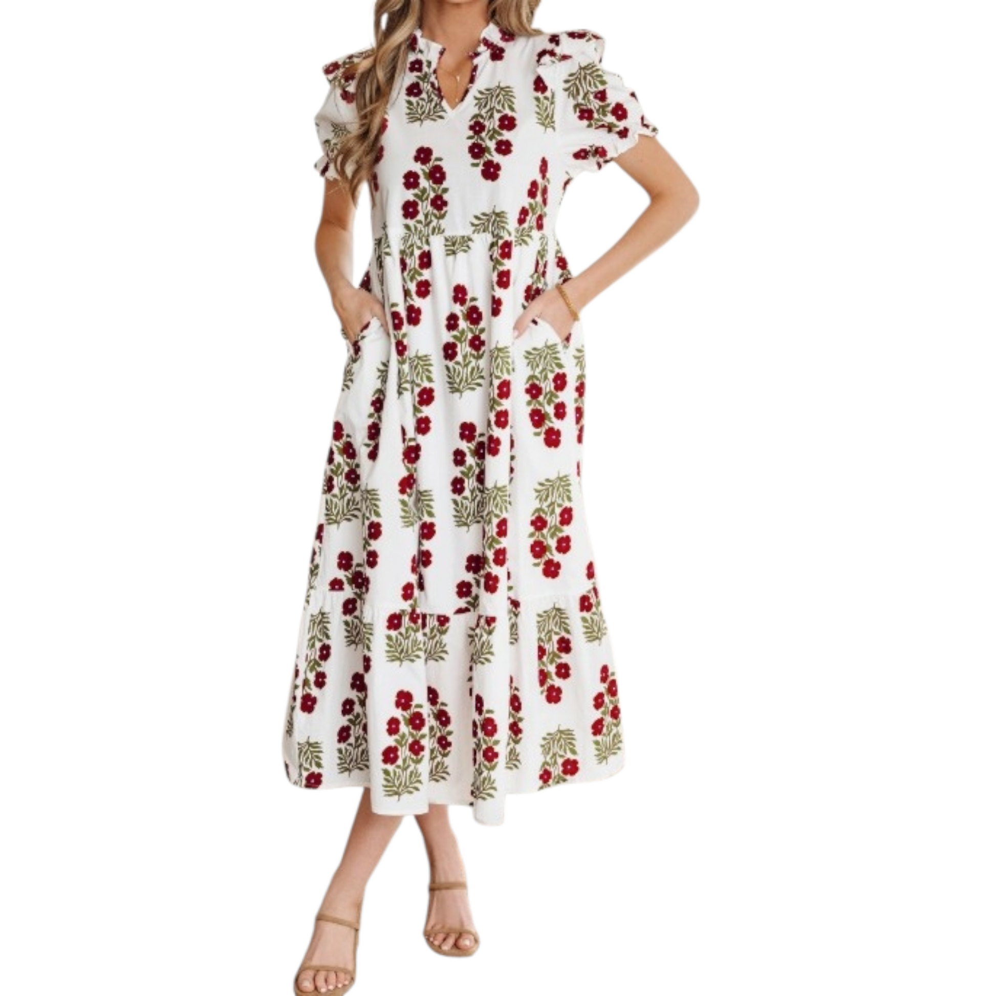 Woman wearing a white and red floral cotton midi dress with puff sleeves and a tiered ruffle hem.