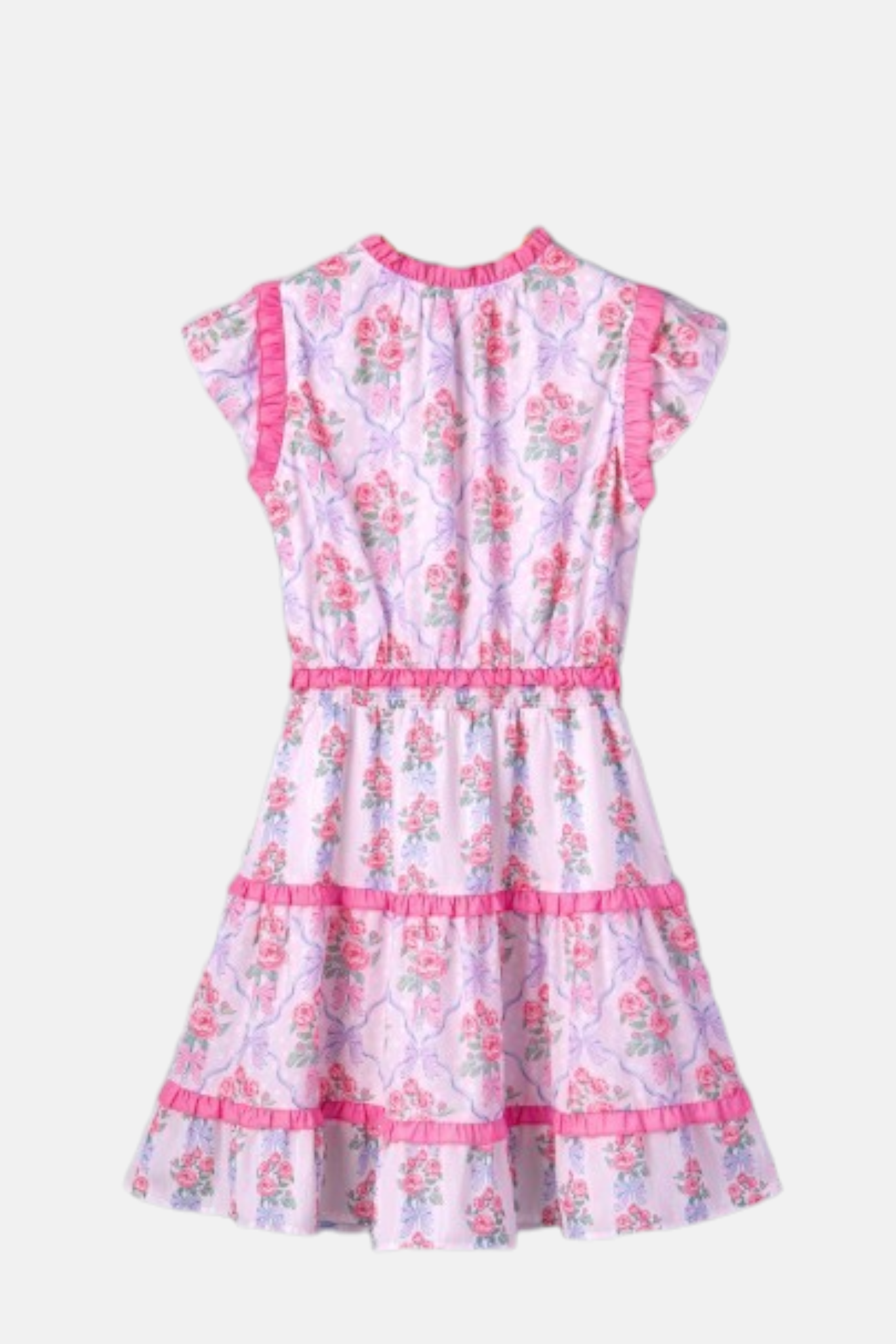 High-quality back view flat lay of a light pink mini dress with a repeating rose and lavender-bow print and contrast pink ruffle trim.
