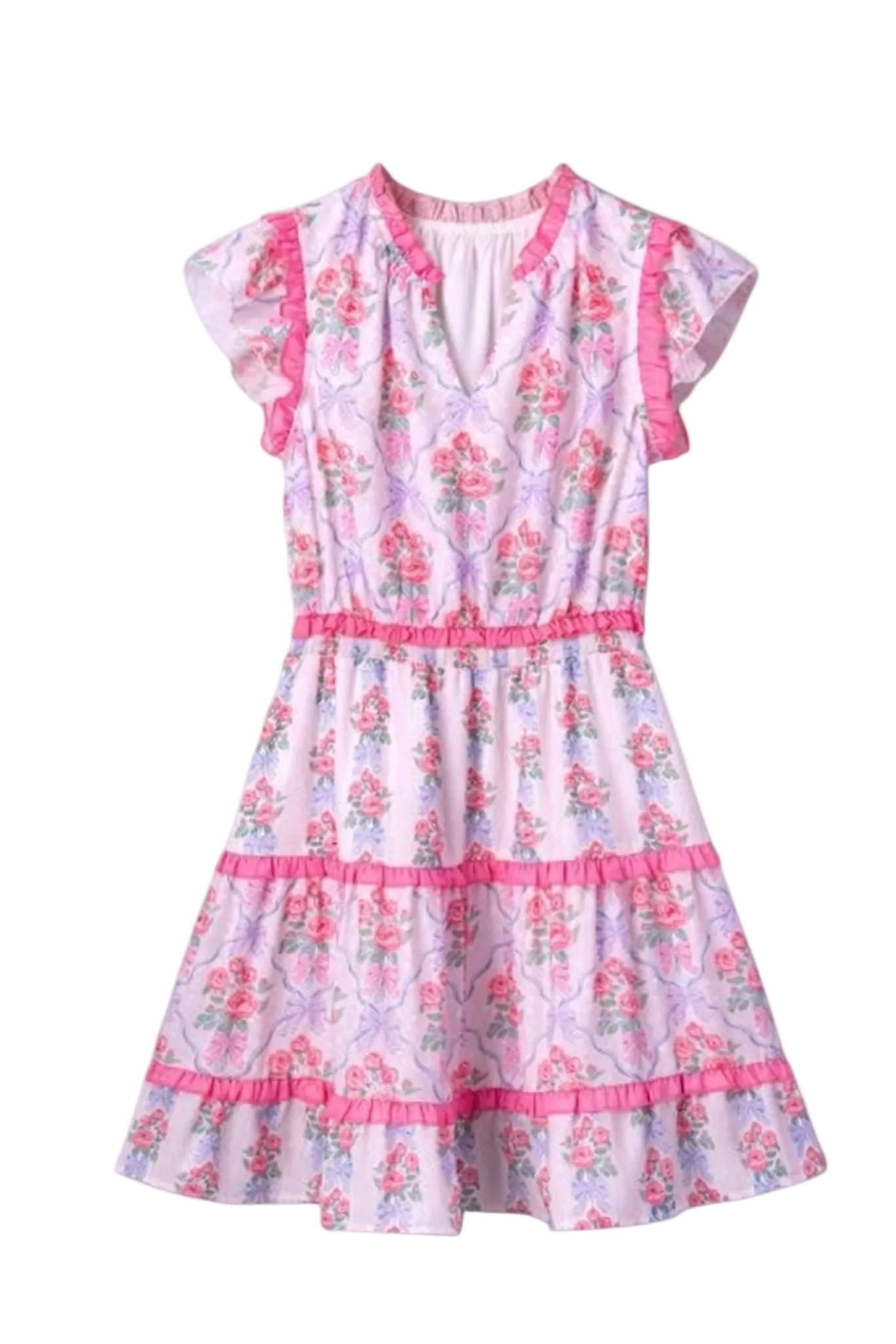 Professional front view flat lay of a tiered mini dress featuring a V-neckline, smocked waist, and playful ruffle detailing.