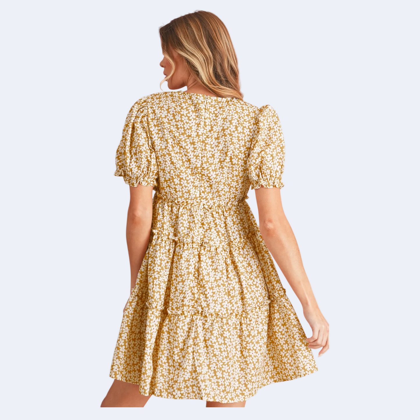 Back view of a yellow tiered midi dress with a smocked bodice, V-neckline, and feminine flutter sleeves.