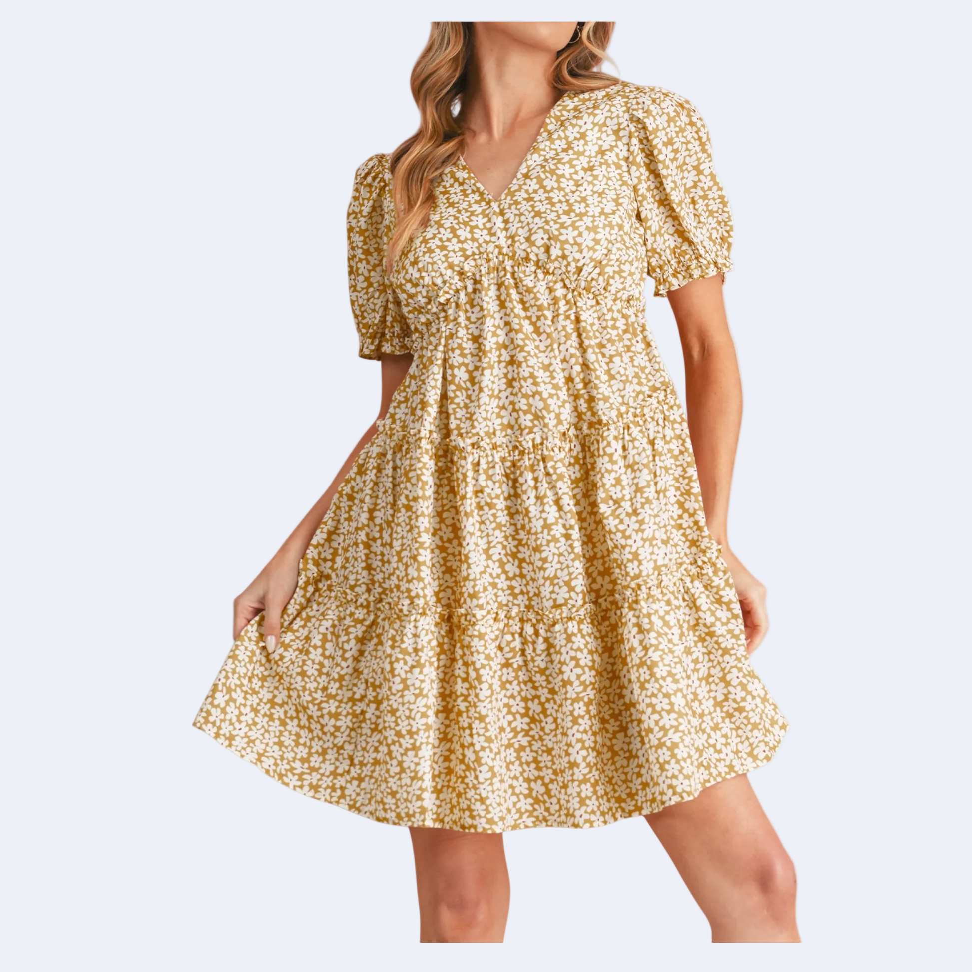 Yellow tiered midi dress with a smocked bodice, V-neckline, and feminine flutter sleeves.