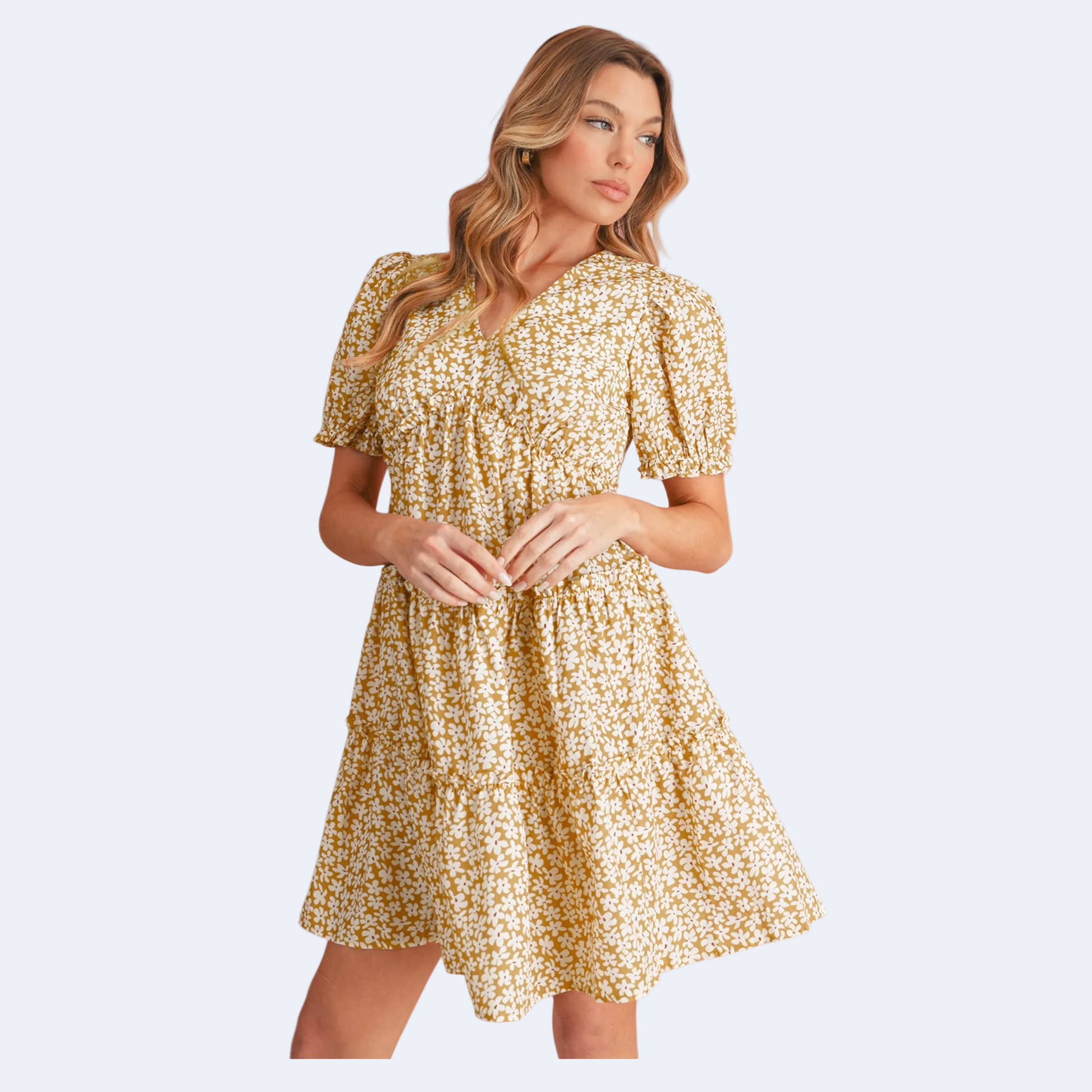 Yellow tiered midi dress with a smocked bodice, V-neckline, and feminine flutter sleeves.