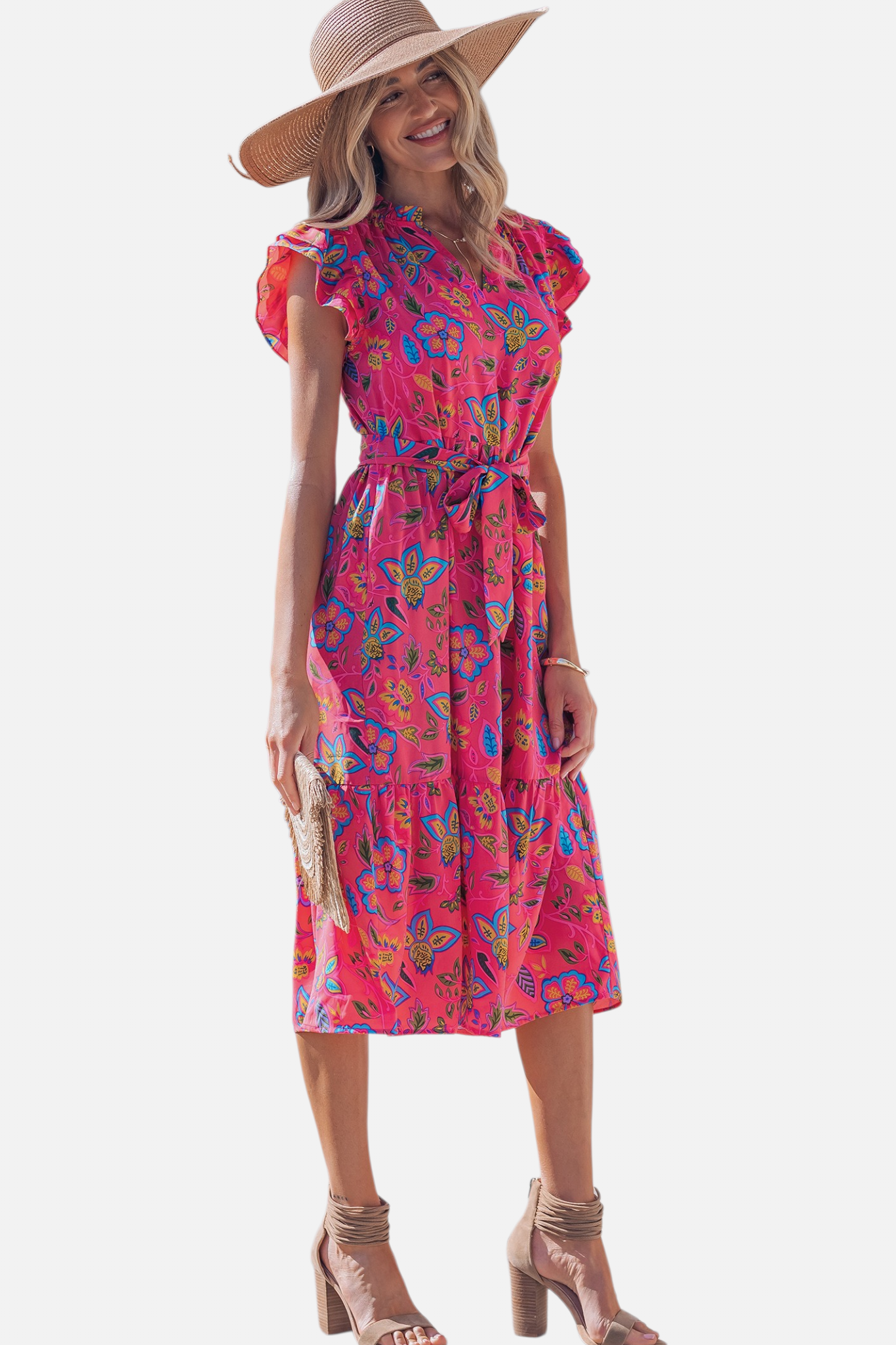 Side profile of the tiered floral midi dress, illustrating the soft drape of the polyester fabric and the elegant layered flutter sleeves.