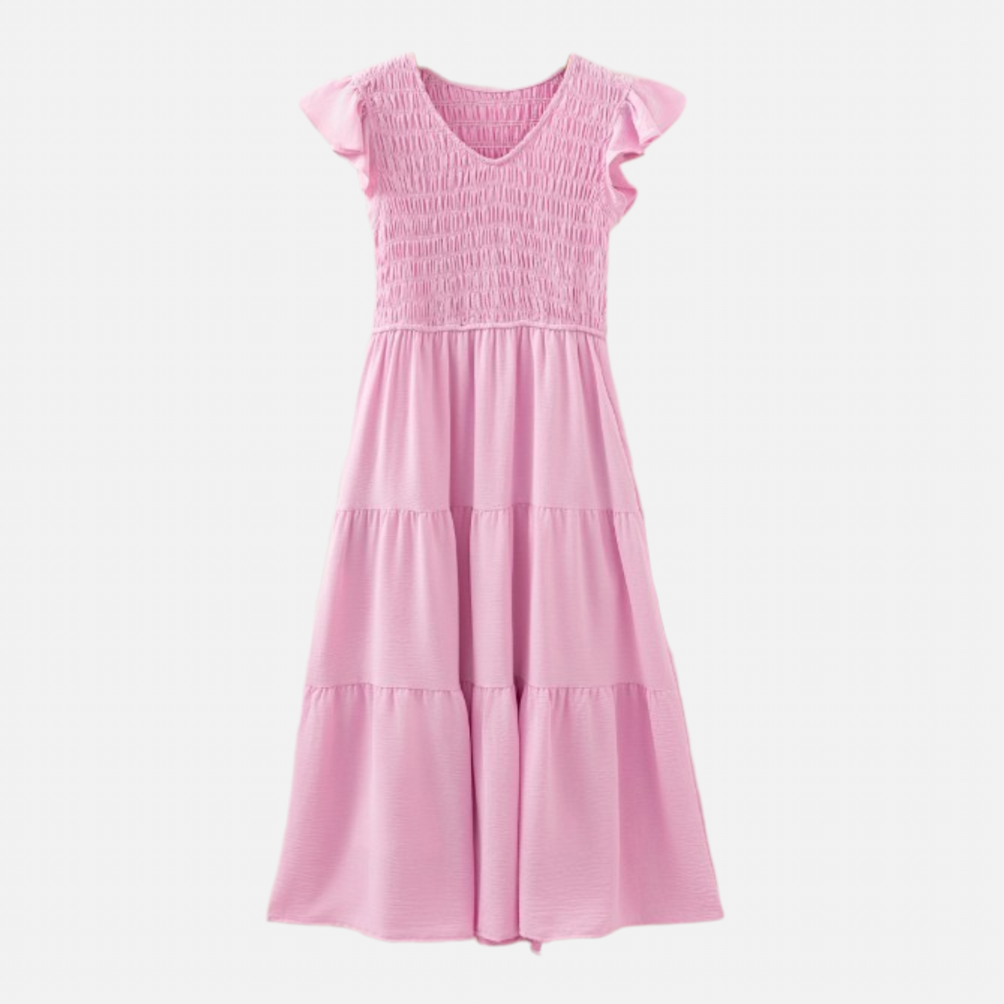 A studio product shot of a light pink midi dress. It features a V-neck, a stretchy smocked bodice, feminine flutter sleeves, and a tiered skirt with soft ruffles.