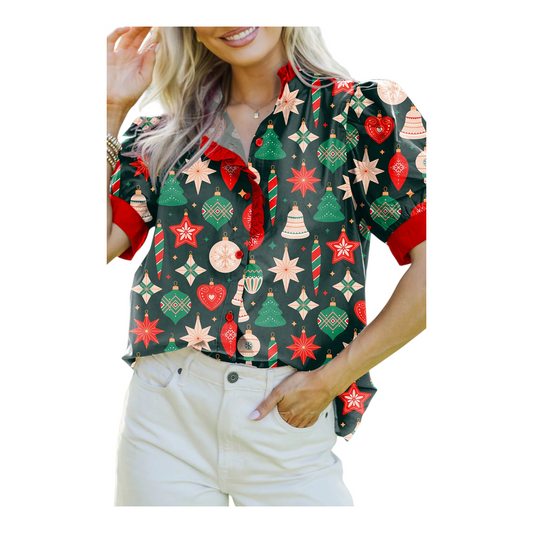 Frilled Neck Bubble Sleeve Christmas Print Blouse