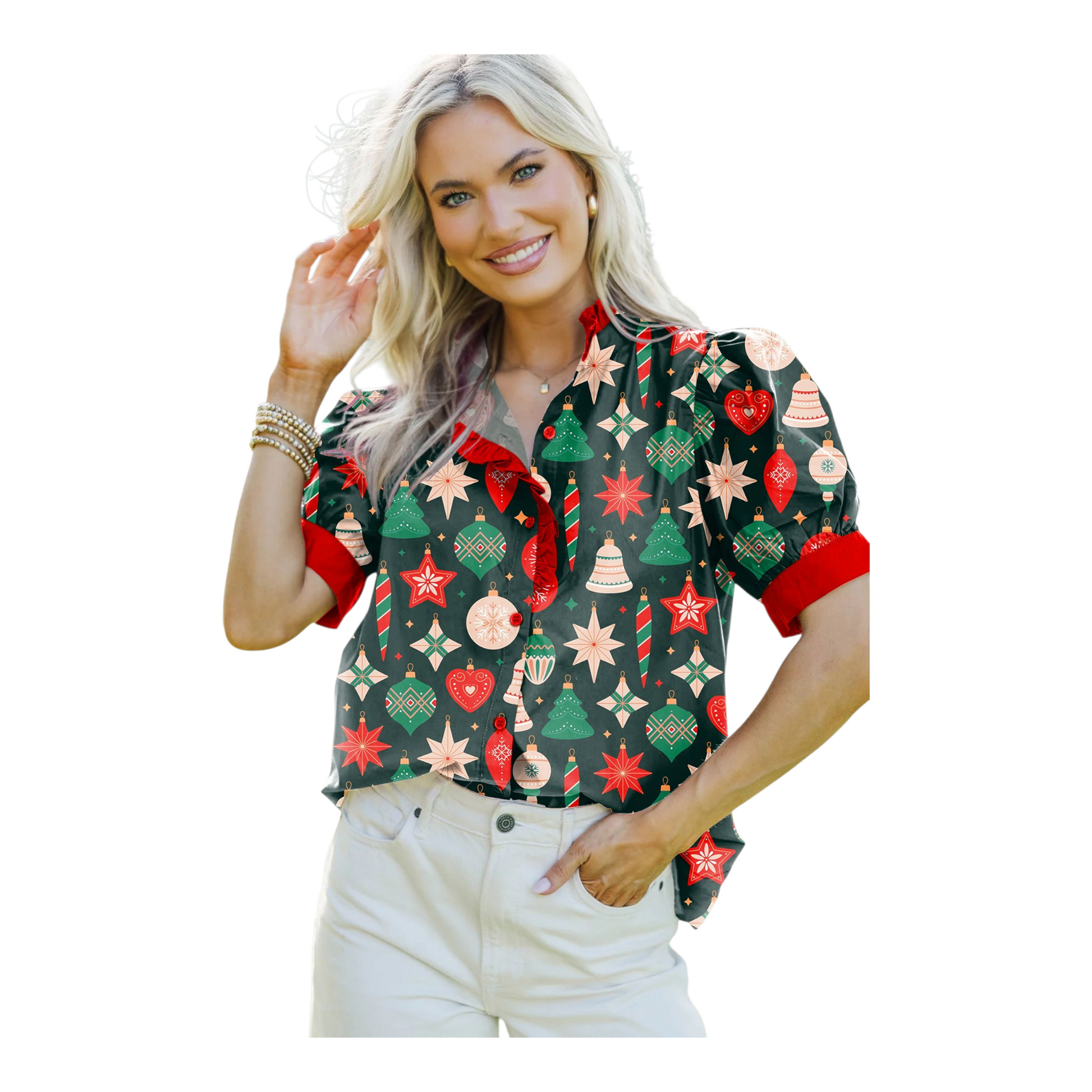 Woman wearing a festive patterned shirt with Christmas designs on a white background