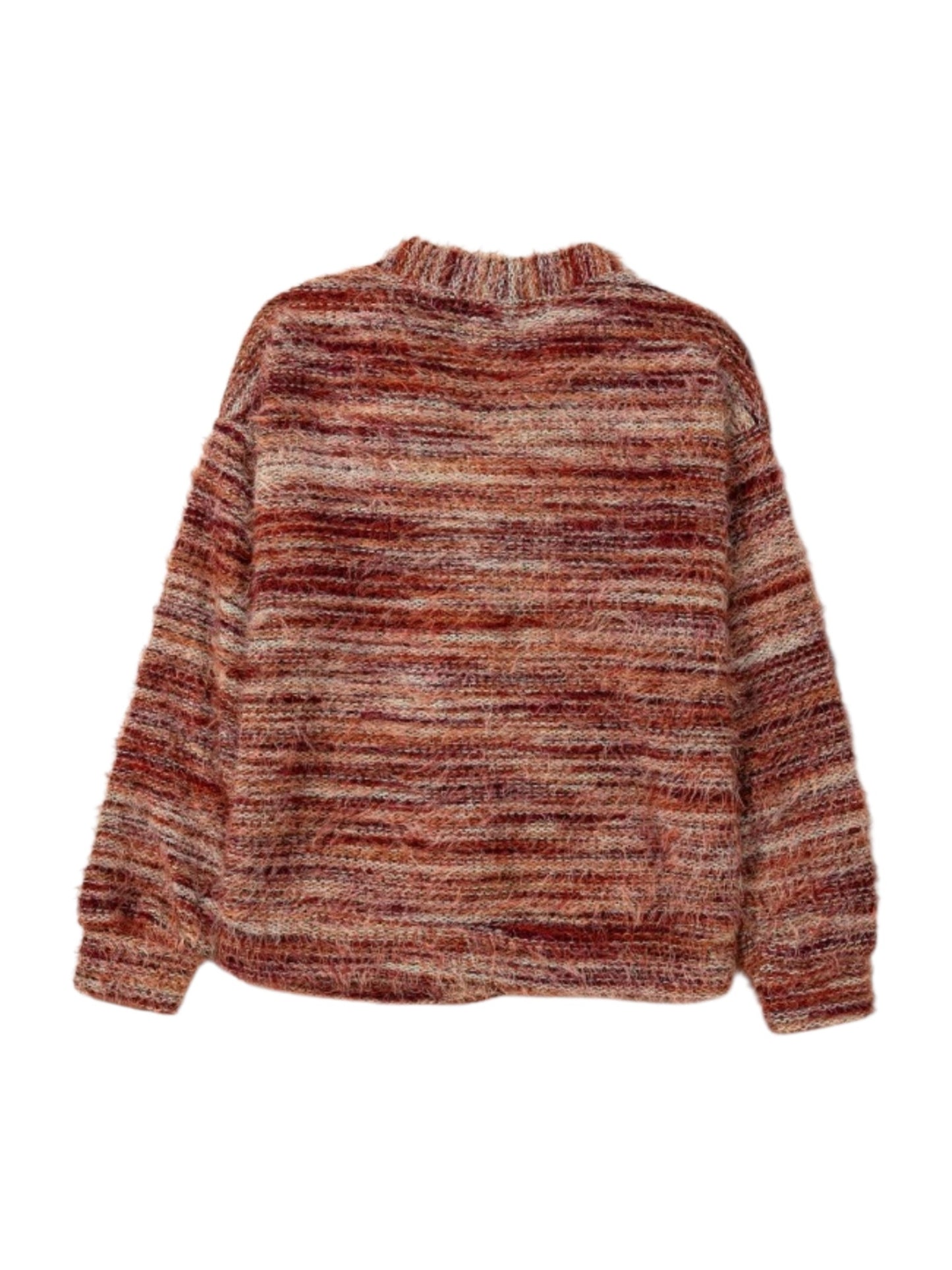 A long-sleeve knit sweater with a marled, textured pattern in shades of rust red, brown, orange, and cream, shown against a plain white background.