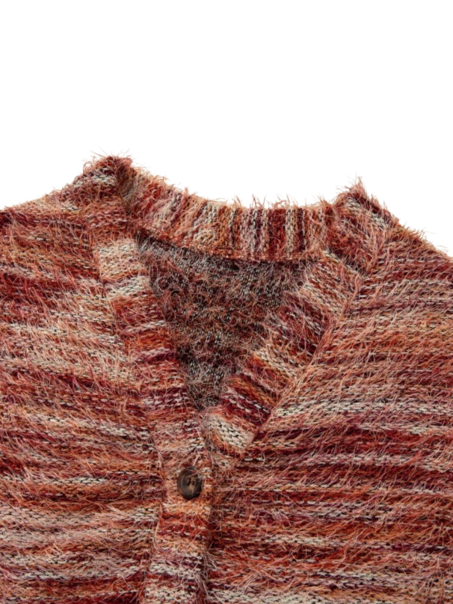 Close-up of a fuzzy knit cardigan or sweater in a marled mix of rust red, brown, beige, and orange tones, with a ribbed collar and a single visible button.