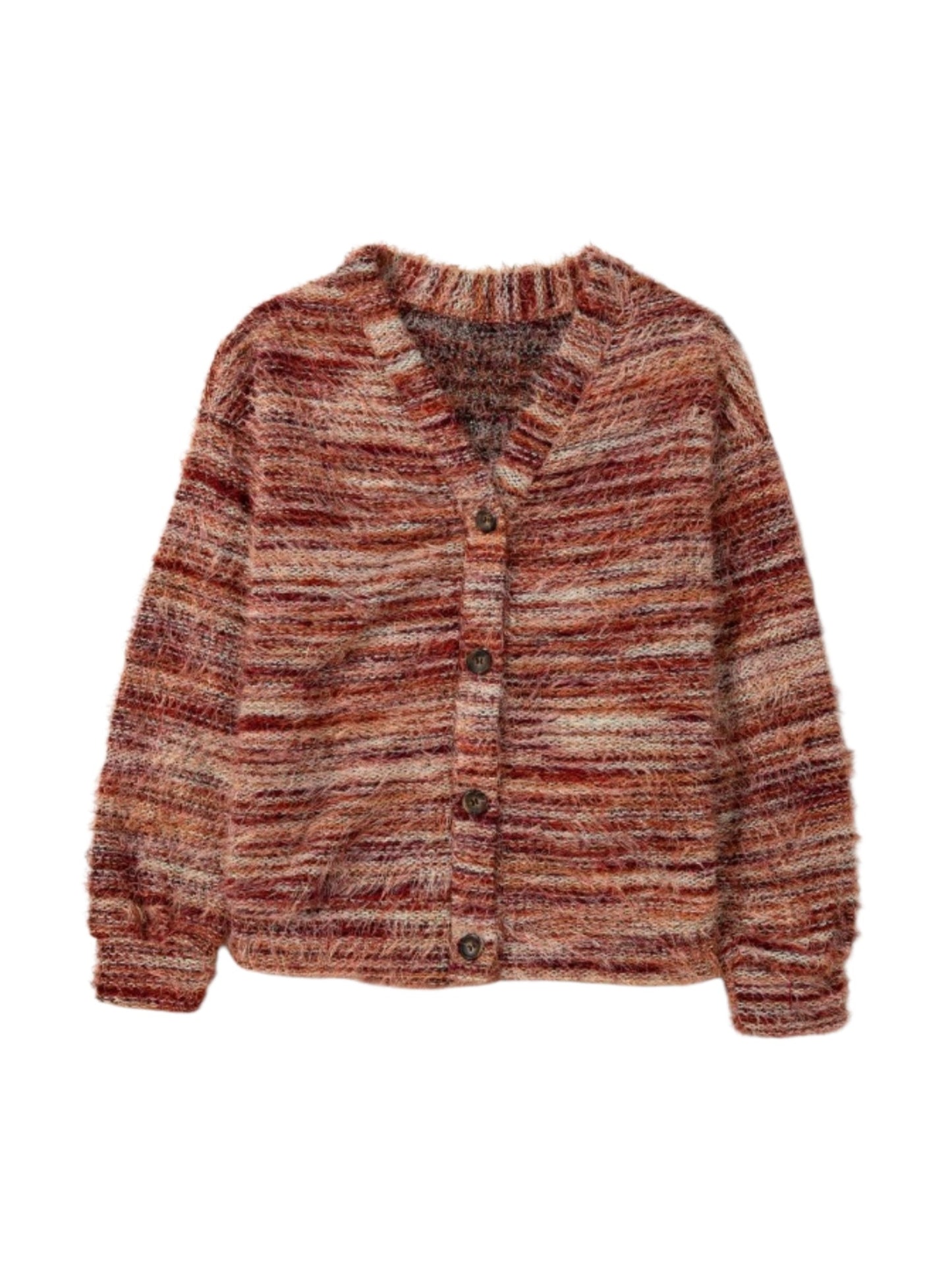 A long-sleeve cardigan sweater with a marled, textured knit pattern in rust red, brown, beige, and orange tones, featuring a V-neck and three dark buttons.
