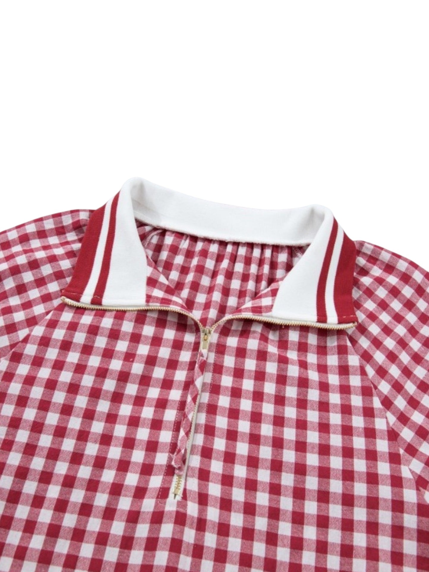 Gingham Check Half-Zip Puff Sleeve Polo Top collar front view