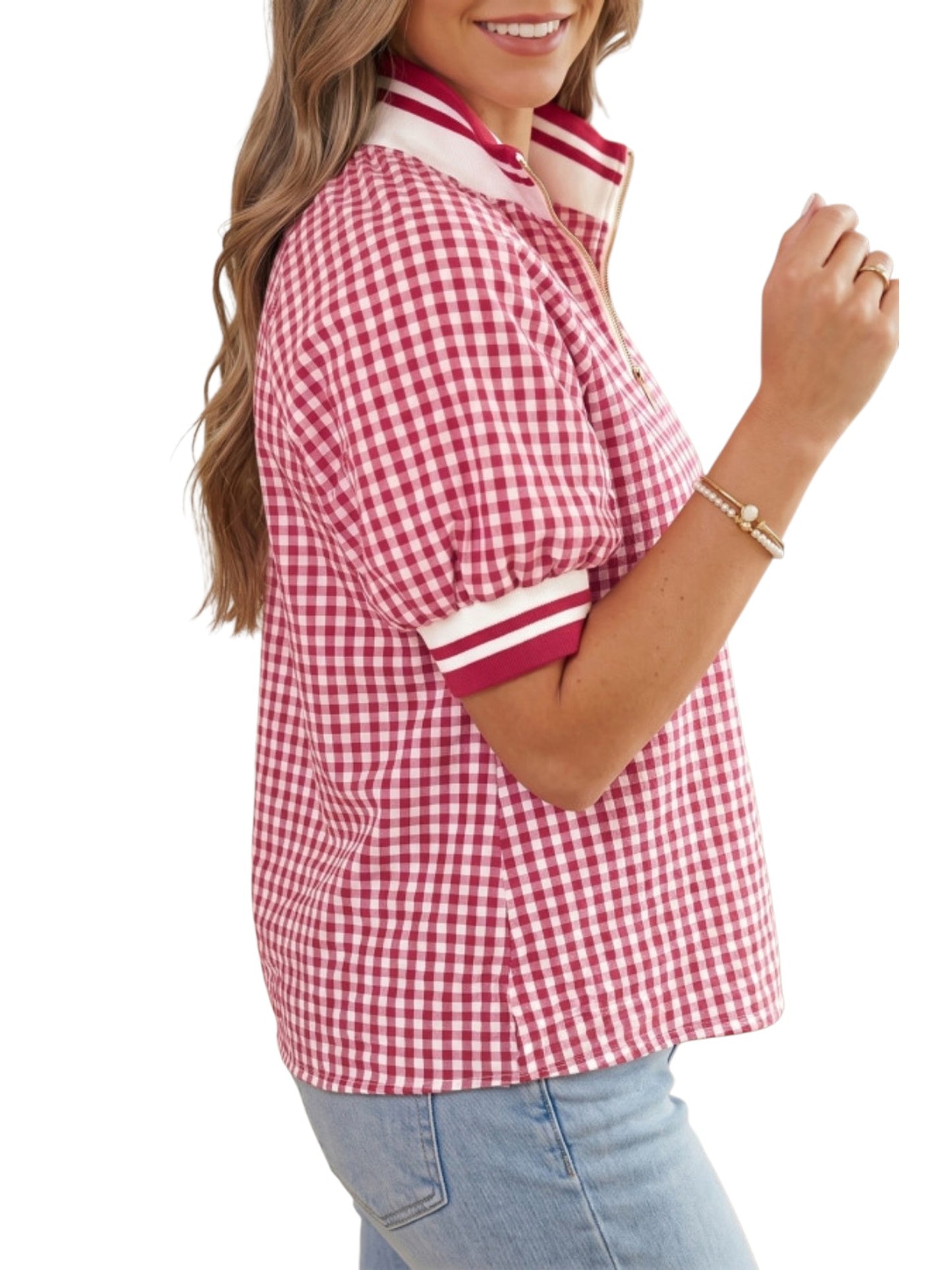 Gingham Check Half-Zip Puff Sleeve Polo Top on the model side view