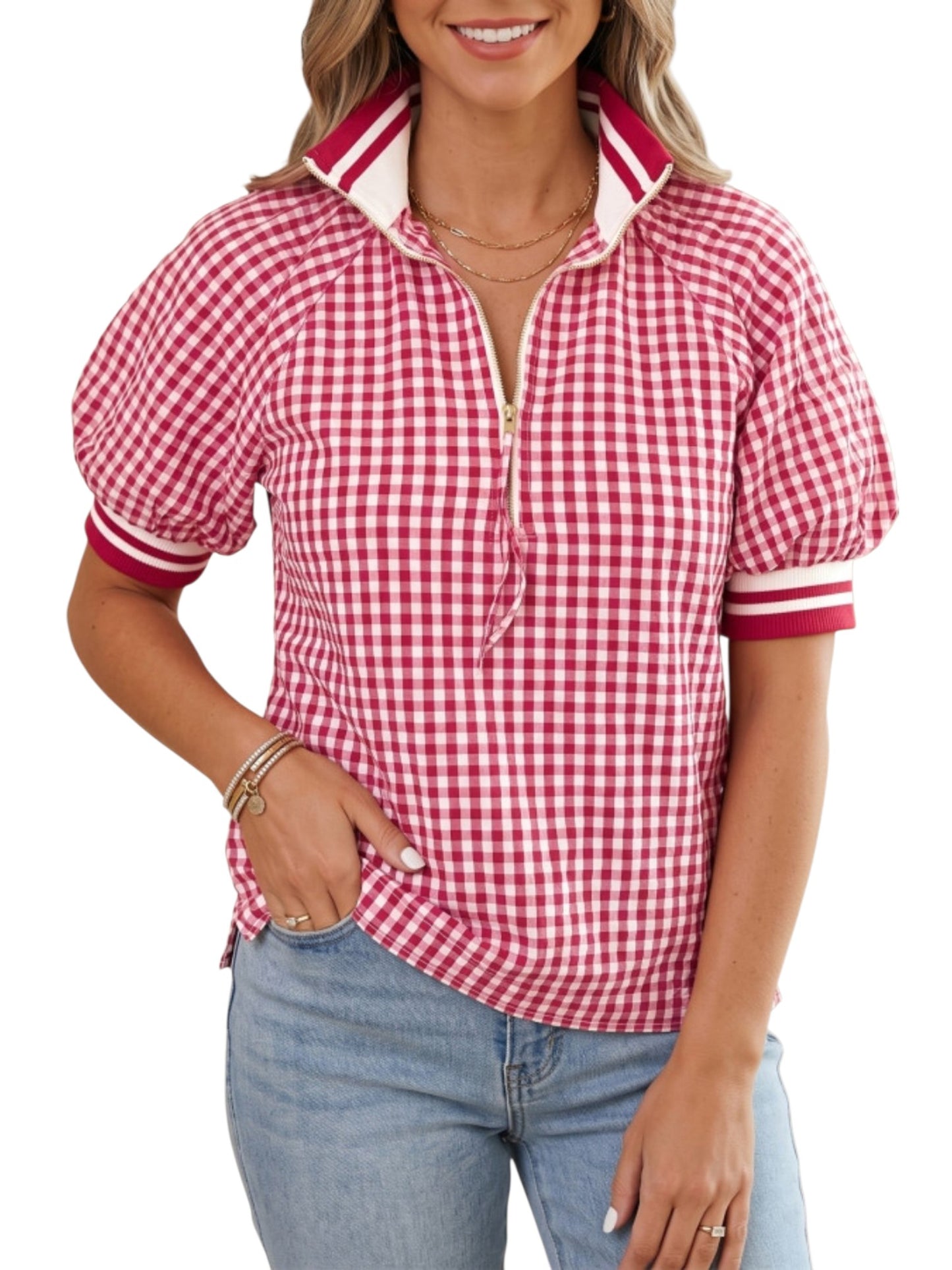 Gingham Check Half-Zip Puff Sleeve Polo Top on the model front view