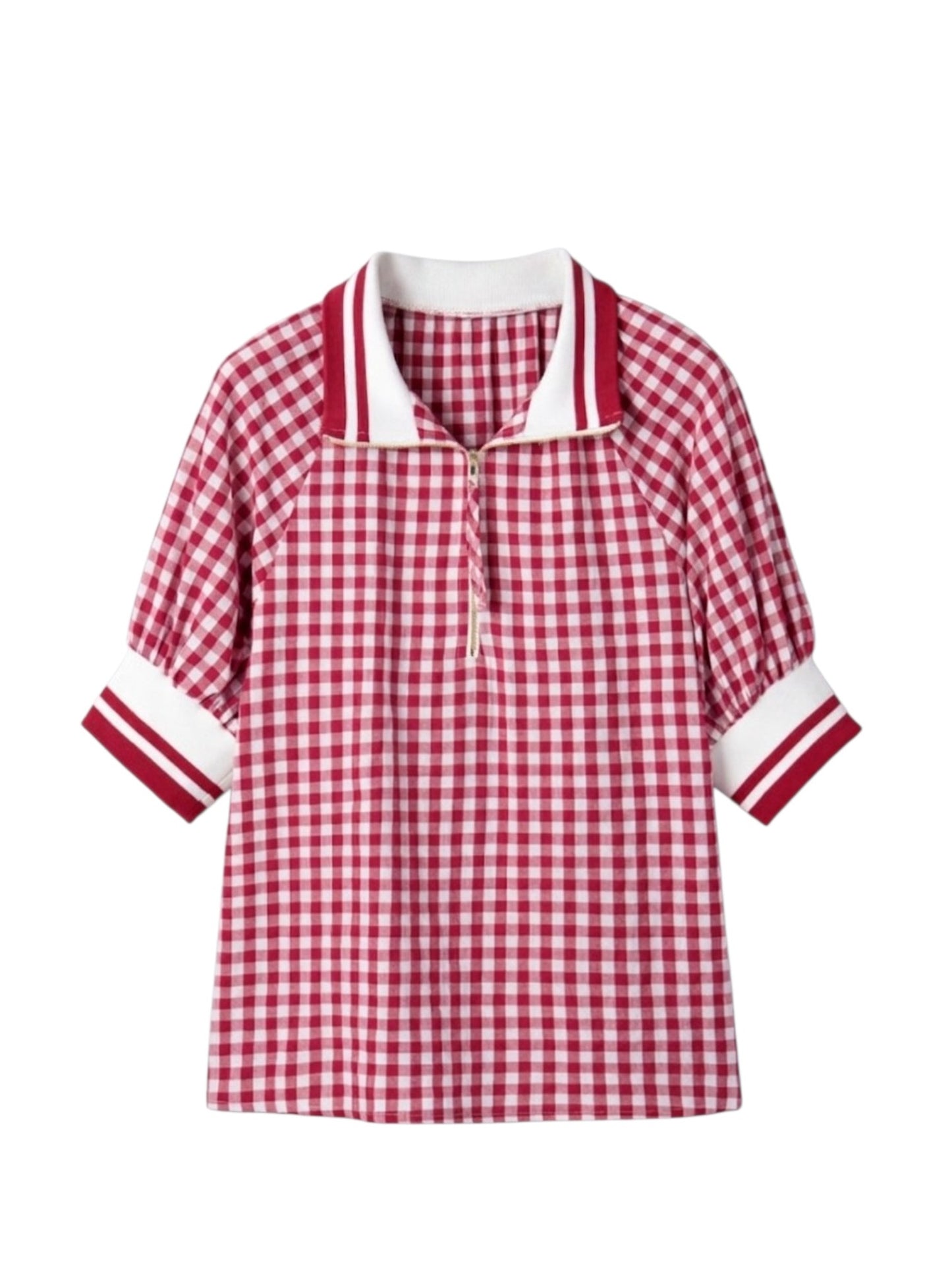 Gingham Check Half-Zip Puff Sleeve Polo Top professional front view
