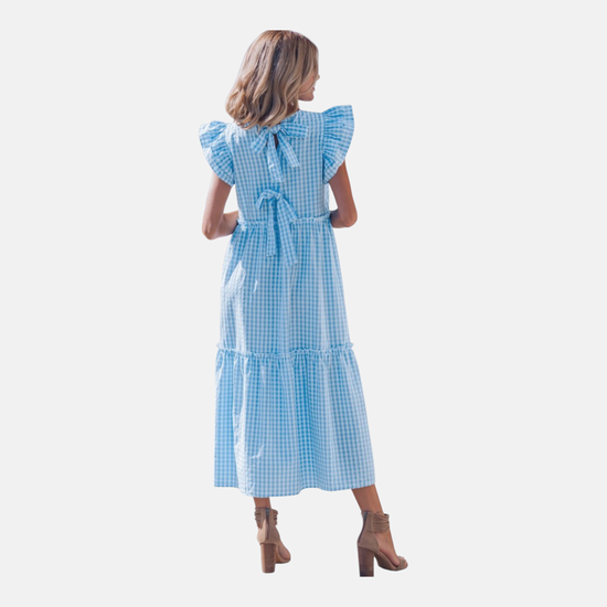 Gingham Ruffle Sleeve Bow Back Tiered Midi Dress