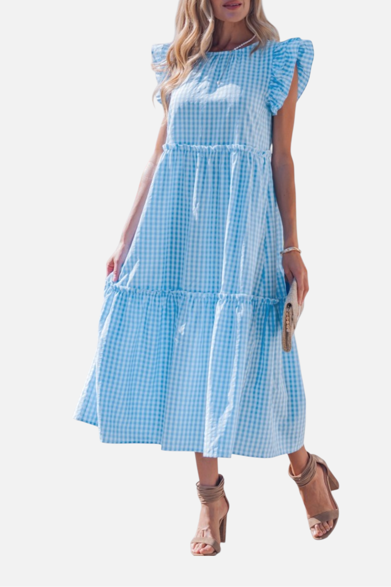 Woman wearing a blue checkered dress on a white background