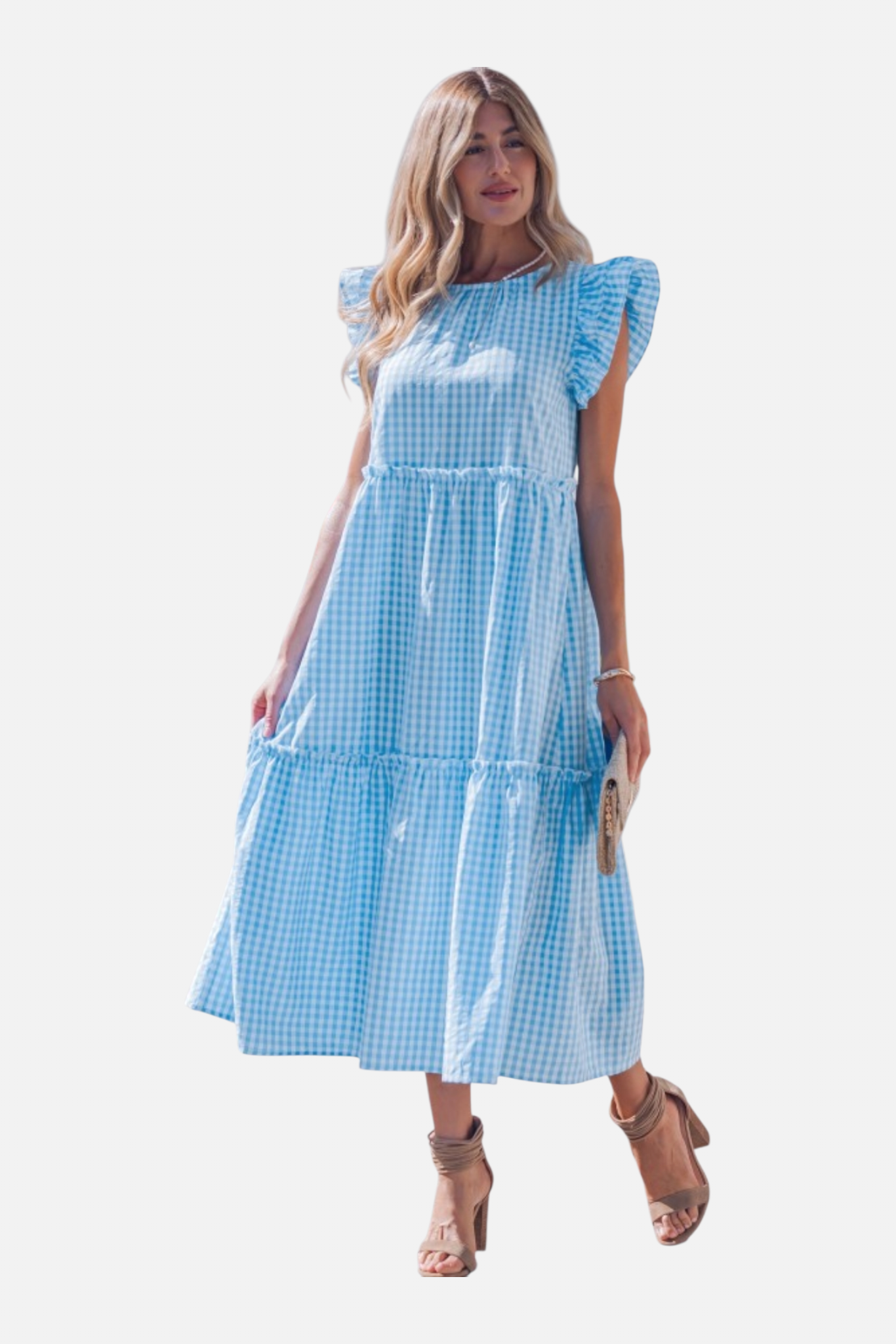 Gingham Ruffle Sleeve Bow Back Tiered Midi Dress