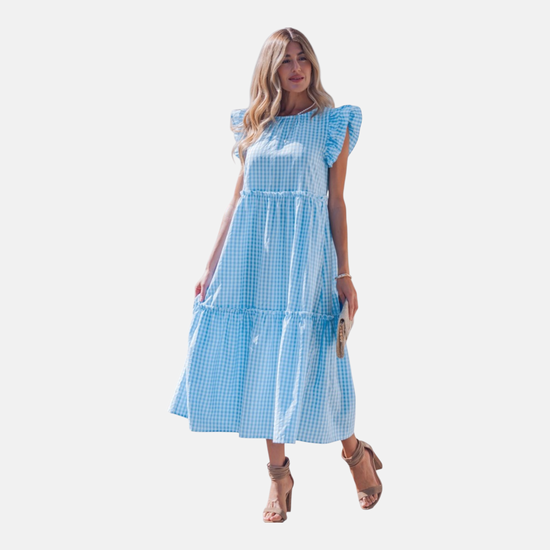 Gingham Ruffle Sleeve Bow Back Tiered Midi Dress