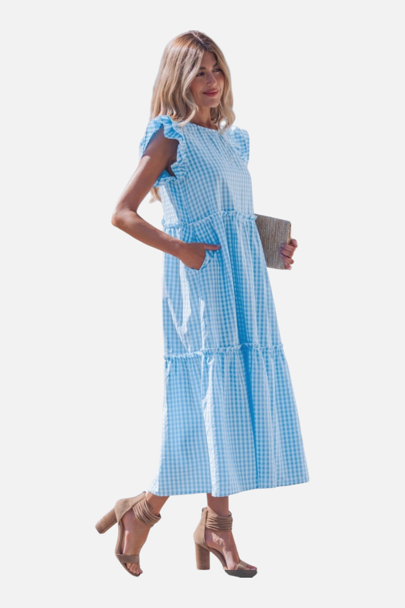 Woman wearing a blue checkered dress on a white background