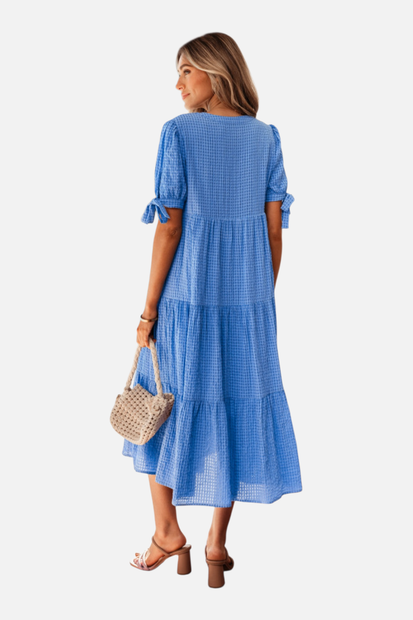 Gingham Tie-Sleeve Tiered Midi Dress