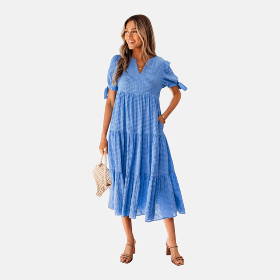 Gingham Tie-Sleeve Tiered Midi Dress