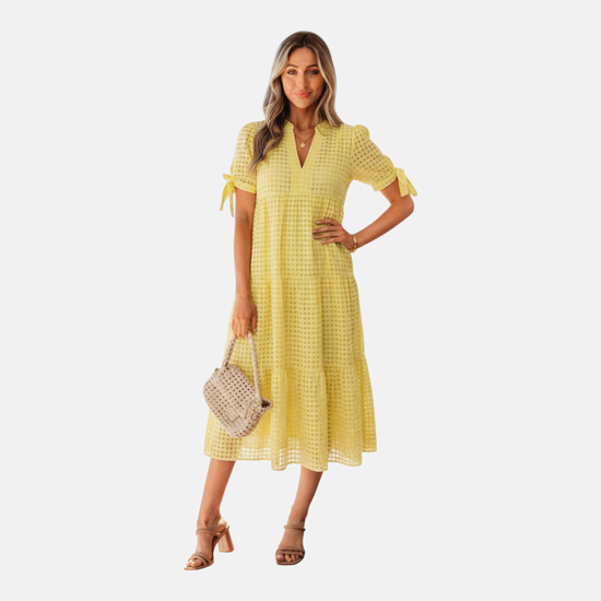 Gingham Tie-Sleeve Tiered Midi Dress