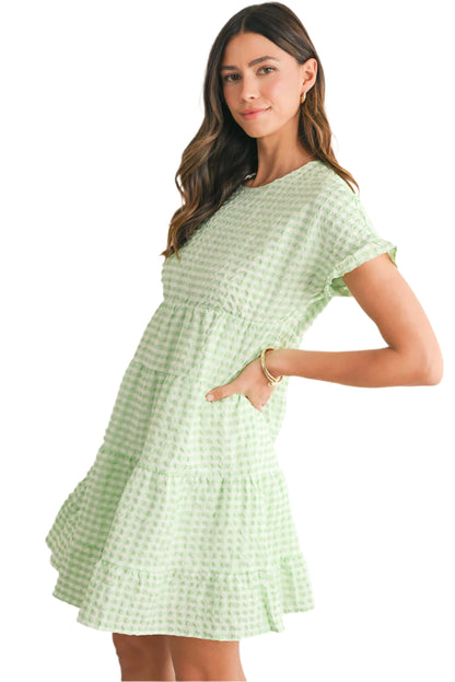 Green Plaid Tiered Mini Dress - Catherine Martin. Full side view.