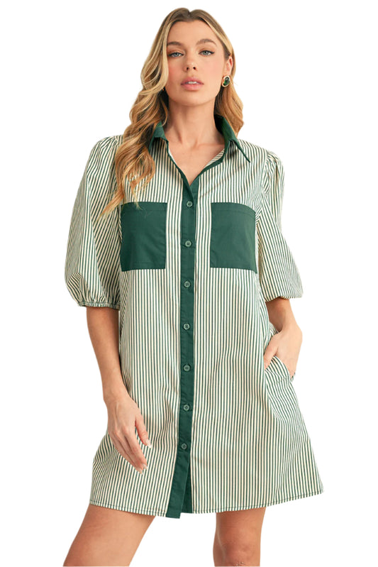 Green striped short dress with puff sleeves and a collared neckline, perfect for casual outings.