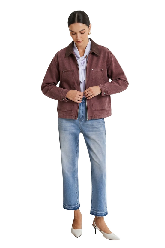 Close-up of a model zipping up the Coffee Brown denim work jacket, highlighting the durable silver metal zipper and structured canvas-style denim.